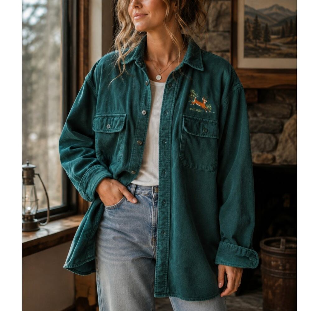 L.L.Bean Chamois Cloth Shirt Womens 18 USA Embroidered Deer Teal Vintage 90s